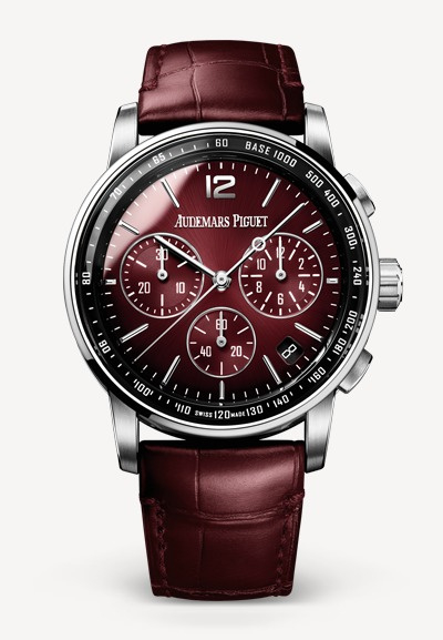 The 18k white gold fake watch has wine red strap.