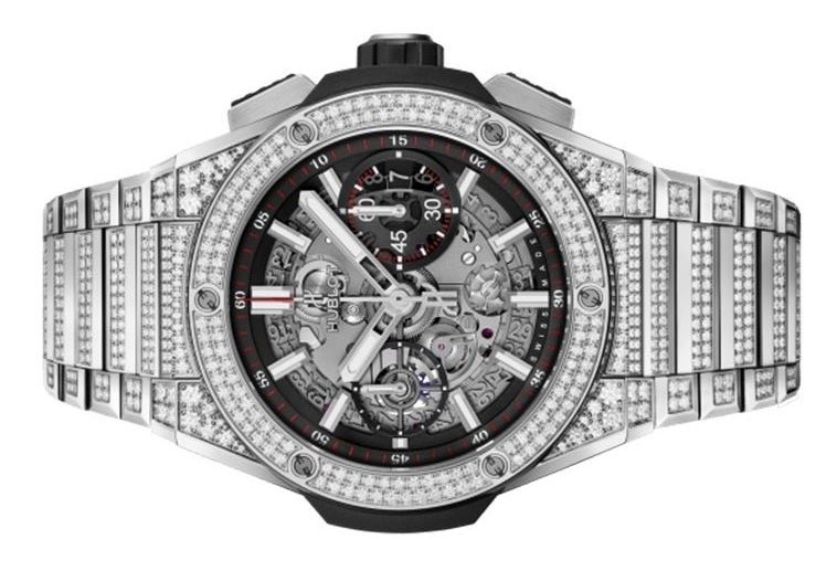 The male copy watch is decorated with diamonds.