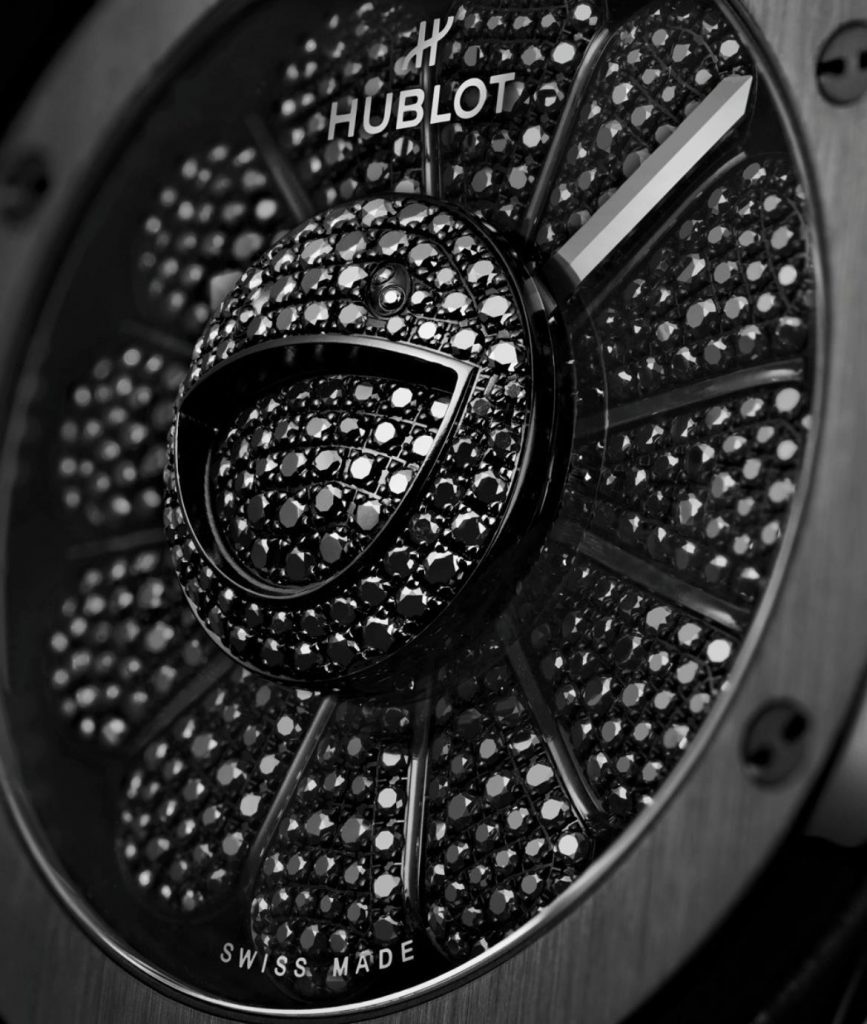 The 45mm fake watch is decorated with 456 black diamonds.