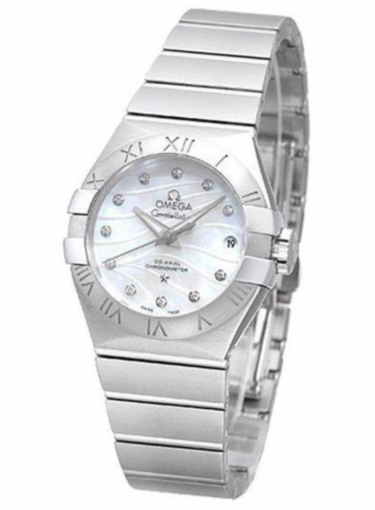 The stainless steel fake watch has a white mother-of-pearl dial.